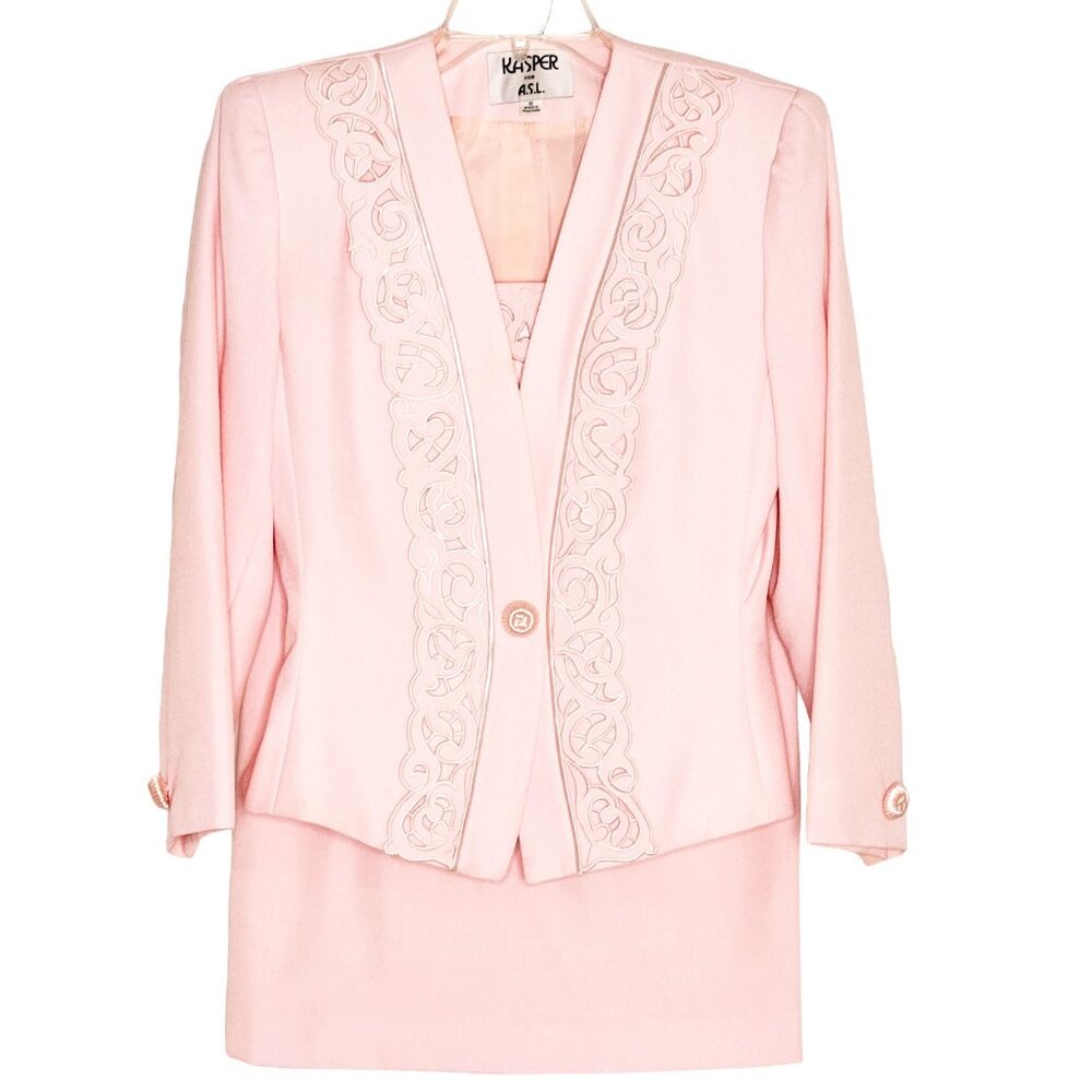 Kasper ASL Women‎ 3 Pc Skirt Suit Size 6 Pink Jacket Cami Skirt Lined Embroidery